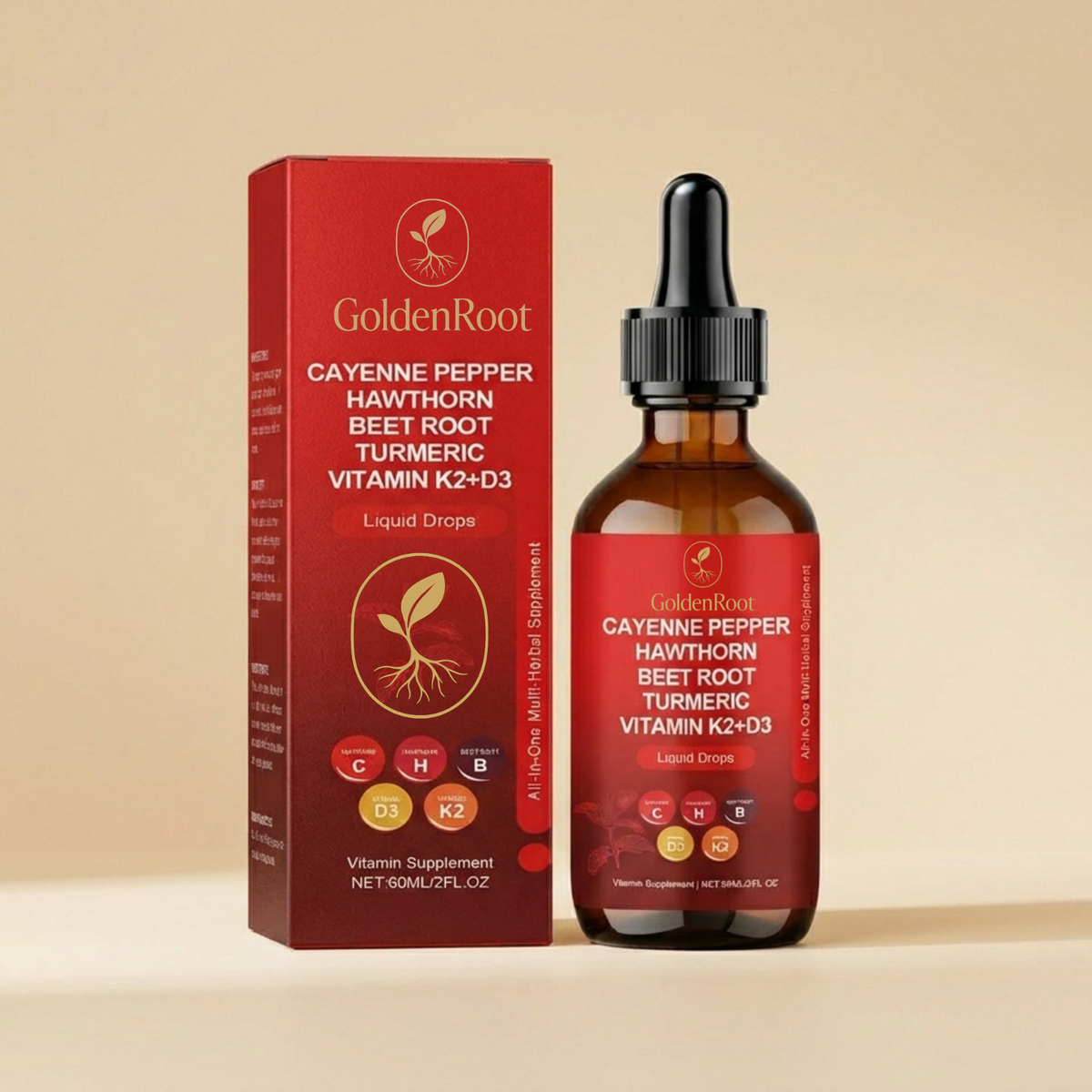 Cayenne Pepper Drops with Hawthorn Berry, Beetroot, Turmeric, and Vitamins D3 & K2